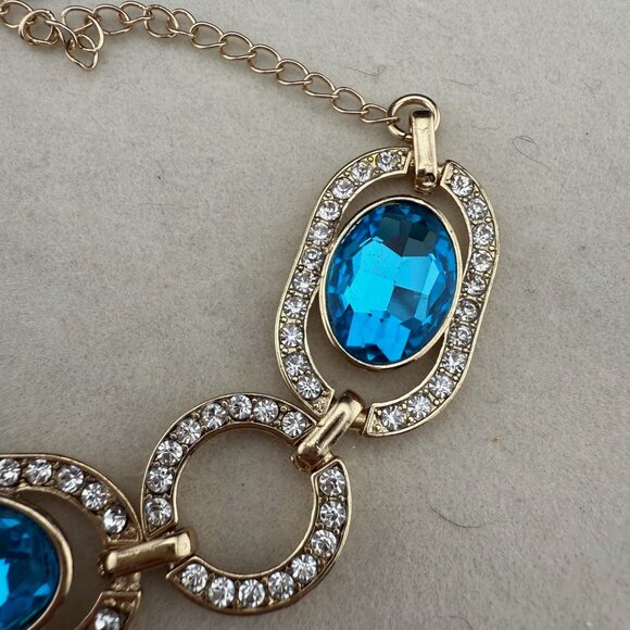 Gold-Tone Crystal Bracelet With Blue Glass Stones & Linked Oval Design By Isis C - Picture 2 of 7